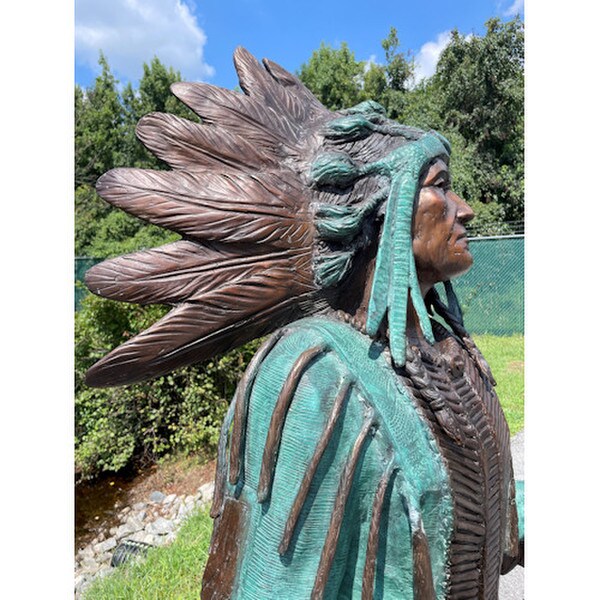 Chief With Spear Life-Size Bronze Sculpture Patina Indian Statuary Art